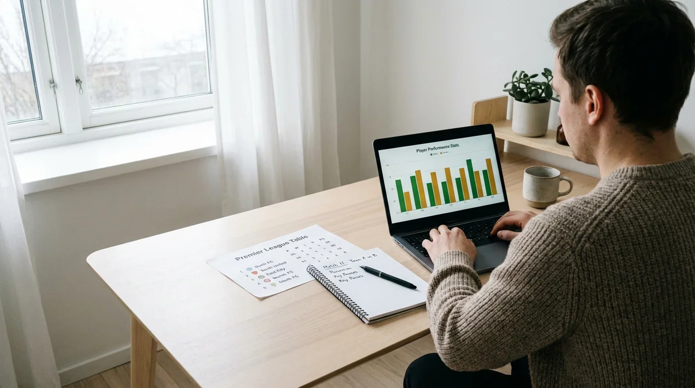 Person analyserar Allsvenskan-statistik och bettingmarknader vid ett skrivbord med anteckningar