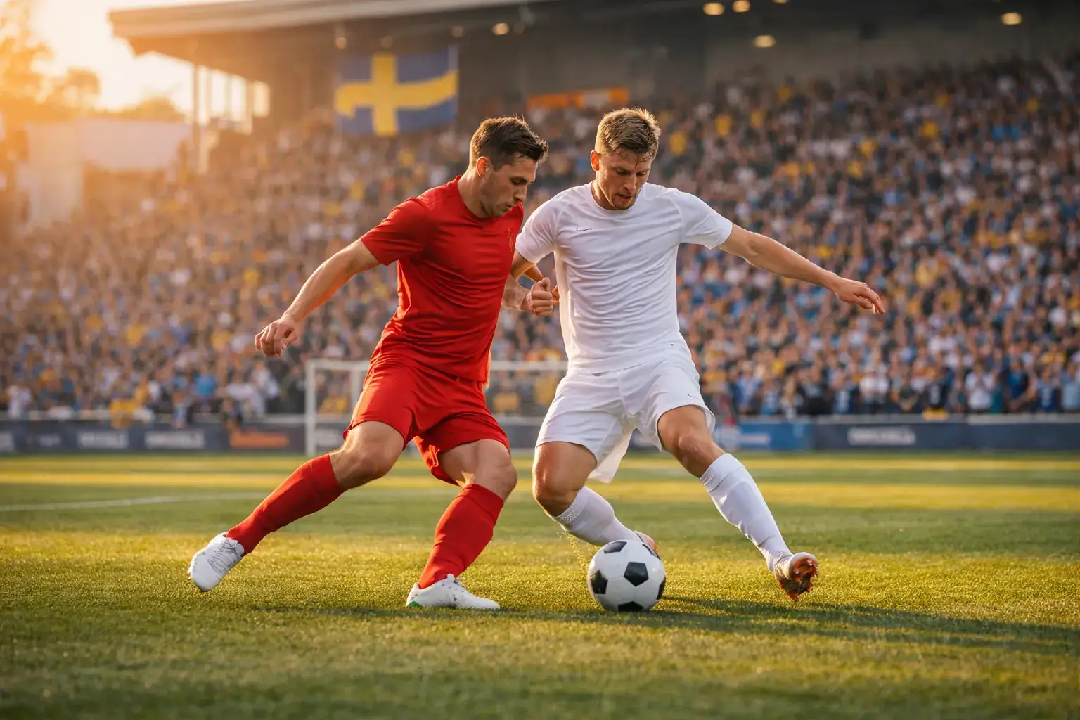 Allsvenskan-match under sommarkvällen med hemmalag i anfall och publik i bakgrunden