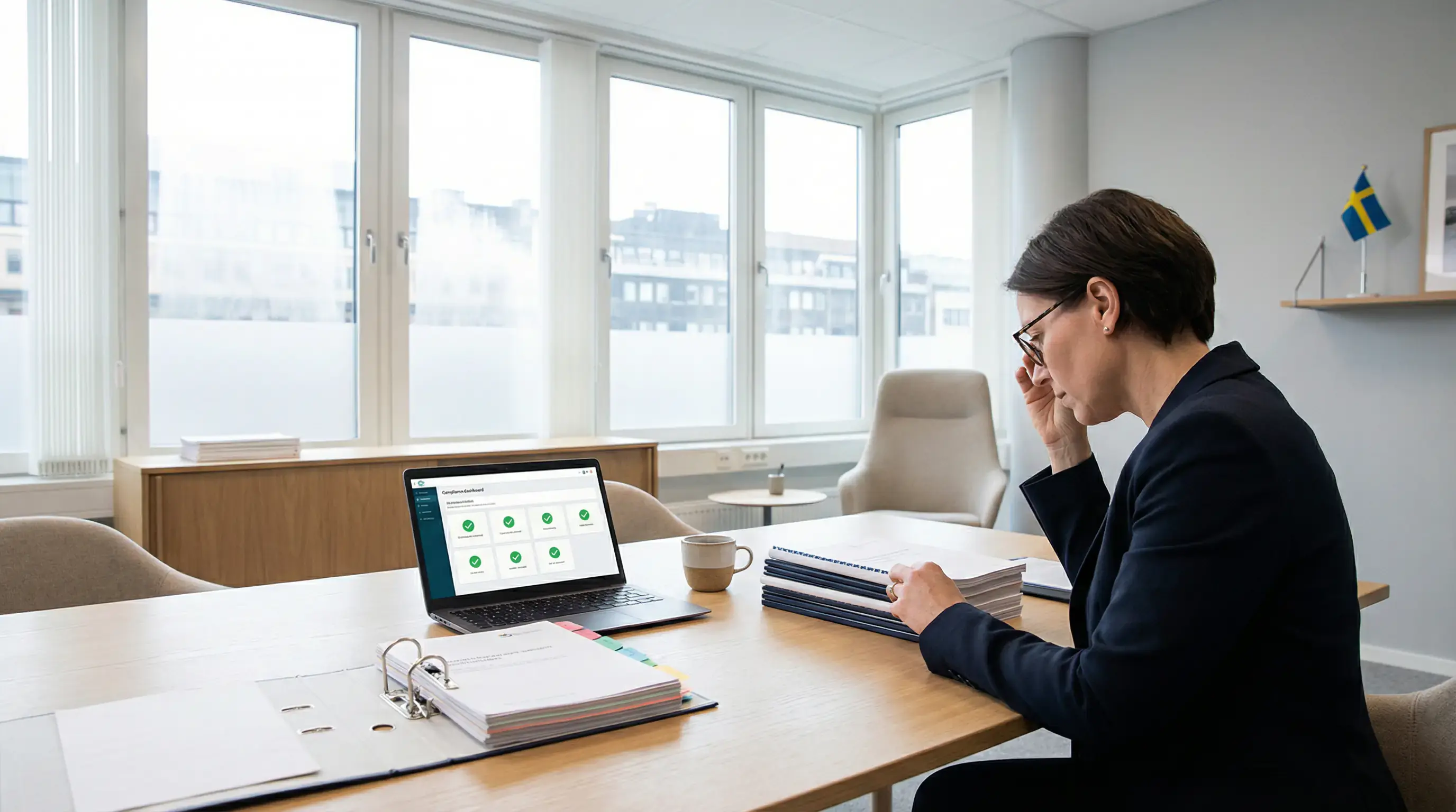 Professionell kontorsmiljö med dokument och dator som symboliserar svensk spelreglering och tillsyn